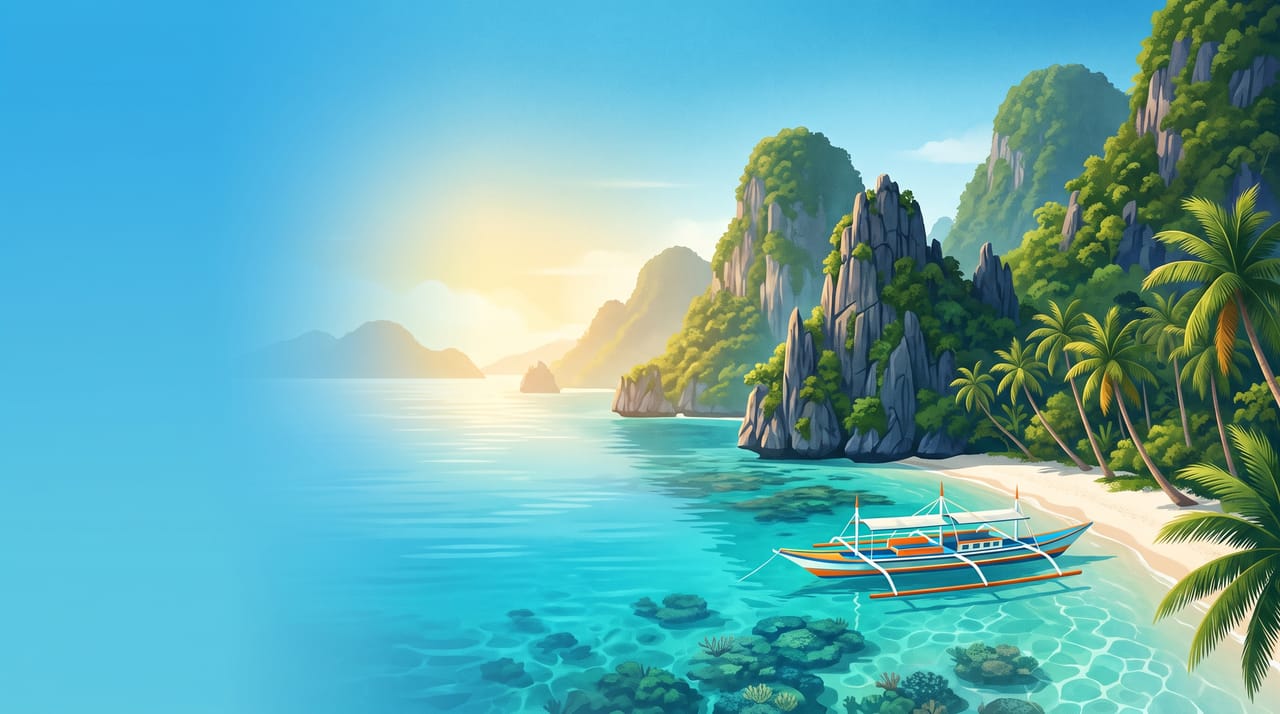 Illustration einer Lagune bei El Nido mit Kalksteinfelsen, Palmen und einem Bangka-Boot, Palawan, Philippinen